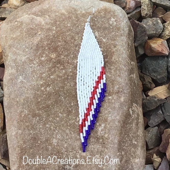 Red White and Blue Beaded Earrings with Fringe, New, Handmade by Me - Picture 8 of 9